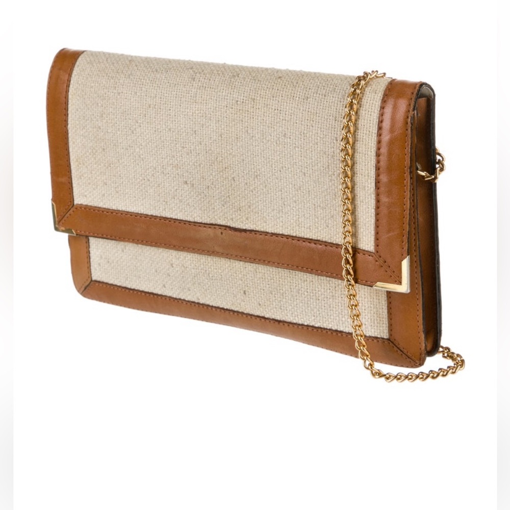 Vintage Rochas bag- leather and cloth with gold detail and chain.